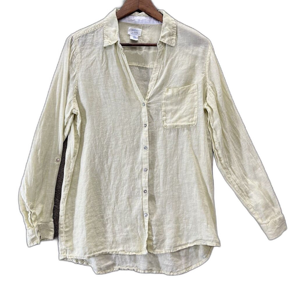 Sigrid Olsen Linen Shirt Tunic Top Yellow Roll Tab Sleeve Womens Size Med